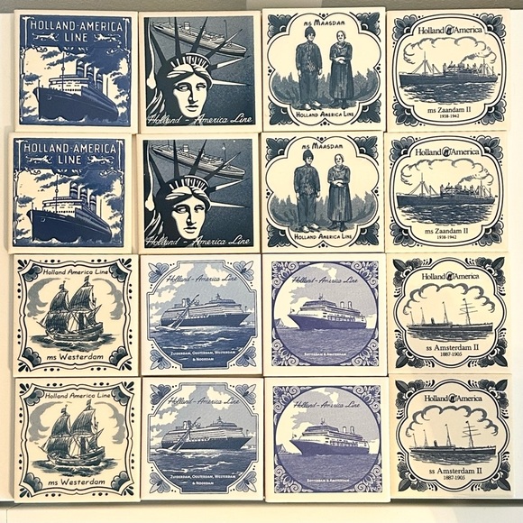 Holland America Line Delft Blue Tile Coasters Lot of 16 Pieces Cork Back Pairs - Picture 1 of 13